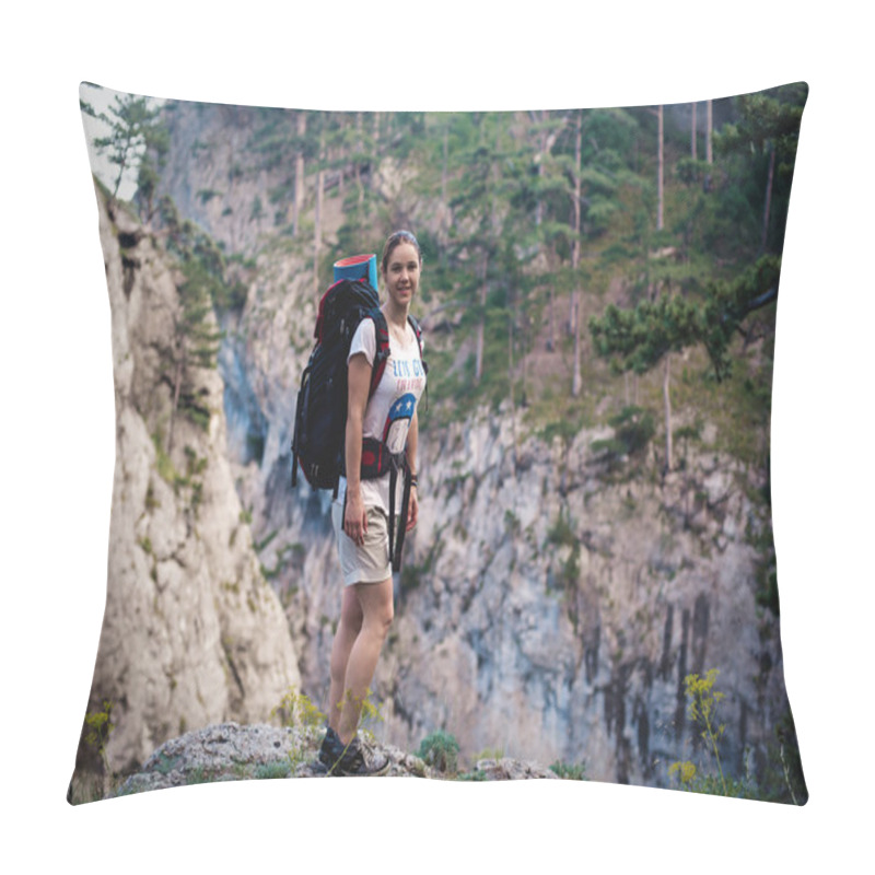 Personality  Caucasian Hiker Woman On Trek In Mountains With Backpack Living A Healthy Active Lifestyle. Hiker Girl On Nature Landscape Hike In Crimea. Pillow Covers