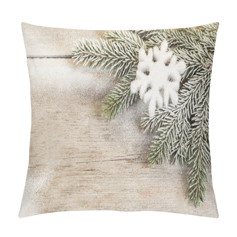 Personality  Wooden Surface, Spruce Branch Sprinkled With Snow And Snowflake Decoration Pillow Covers