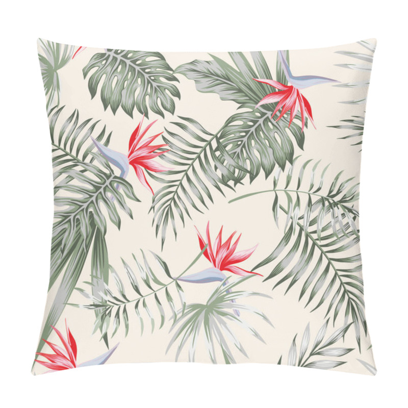 Personality  Exotic Tropical Flowers Red Bird Of Paradise (strelitzia) And Green Leaves On The Light Background Pattern Seamless Pillow Covers