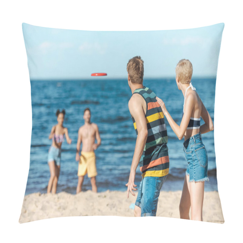 Personality  Selective Focus Of Multiracial Friends Playing With Flying Disc Together On Beach Pillow Covers