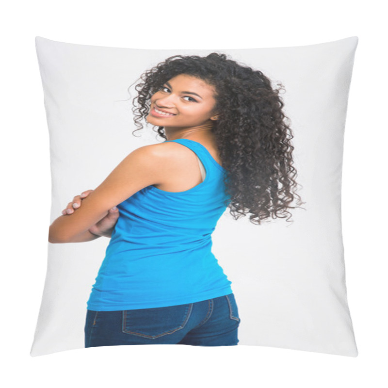 Personality  Happy Afro American Woman Looking Back At Camera Pillow Covers