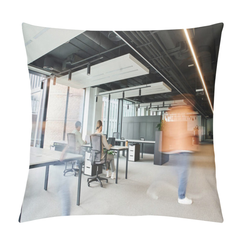 Personality  Long Exposure Of Businessman Walking Near Colleagues Working In Spacious Coworking Environment Of Contemporary Office, Dynamic Business And Productivity Concept Pillow Covers