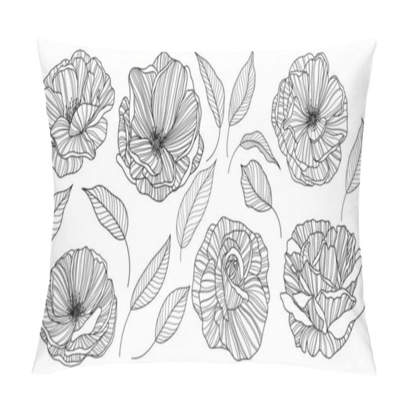 Personality  Rose Flowers And Leaves  Isolated On White. Hand Drawn Line Vector Illustration. Eps 10 Pillow Covers