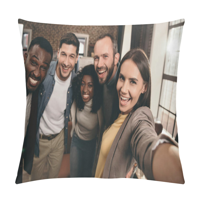 Personality  Camera Point Of View Of Group Of Cheerful Coworkers Taking Selfie Using Smartphone  Pillow Covers