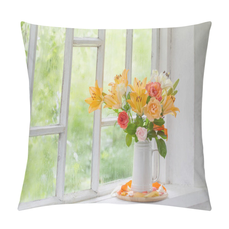 Personality  Summer Flowers In Vase On Background Window With Drops Water Pillow Covers