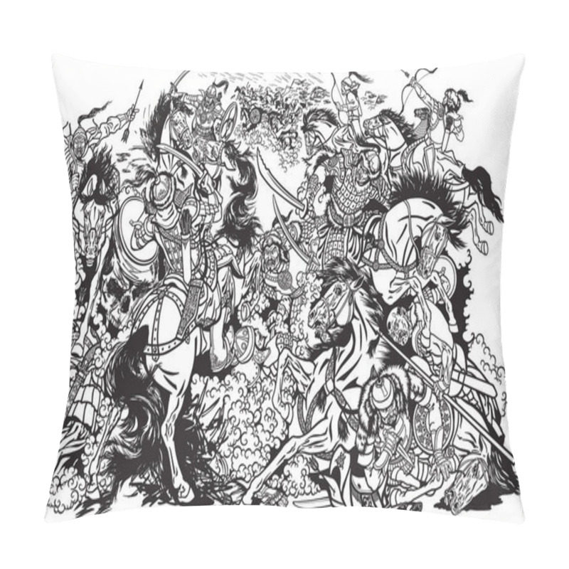 Personality  Battle Between Mongols Clans And Tribes .Time Of Genghis Khan .Medieval Asian Cavalry Warriors Fighting With Swords And Nomads Archery Shooting A Bow And Arrows. . Black And White Vector Illustration Pillow Covers