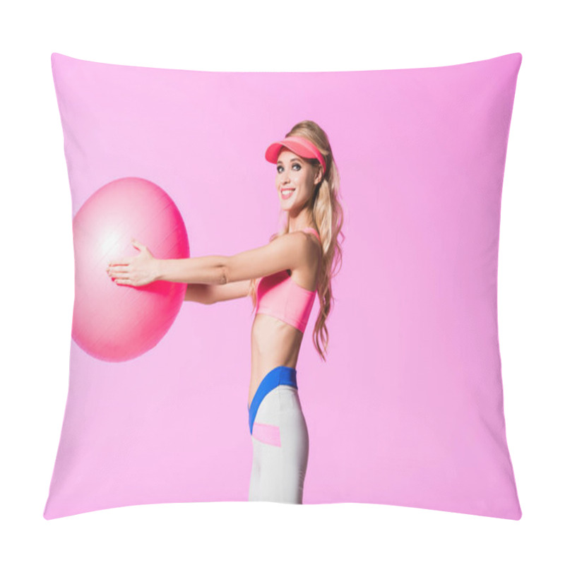 Personality  Beautiful Happy Girl In Sportswear With Fitness Ball Isolated On Pink, Doll Concept Pillow Covers