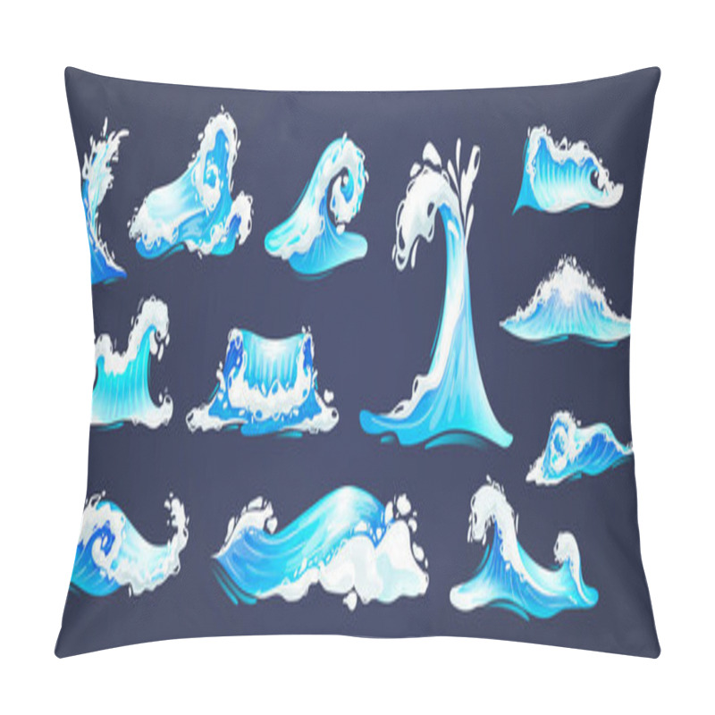 Personality  Sea Ocean Wave Set. Blue Water Ocean Waves, Marine Surf Wave, Ripples Tides Sea Storm, Tsunami, Tidal Different Shapes, Splash Water Motion With Spray Isolated Vector Cartoon Illustration Pillow Covers