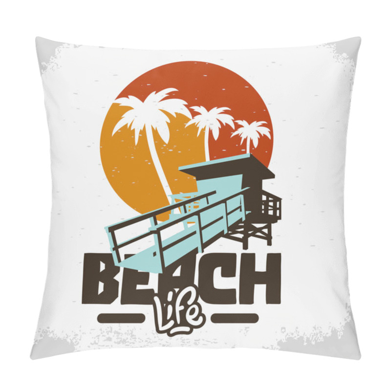 Personality  Beach Life Lifeguard Tower Station Beach Rescue Palm Trees Logo Sign Label Design For Promotion Ads T Shirts Sticker Poster Flyer Vector Graphic Pillow Covers