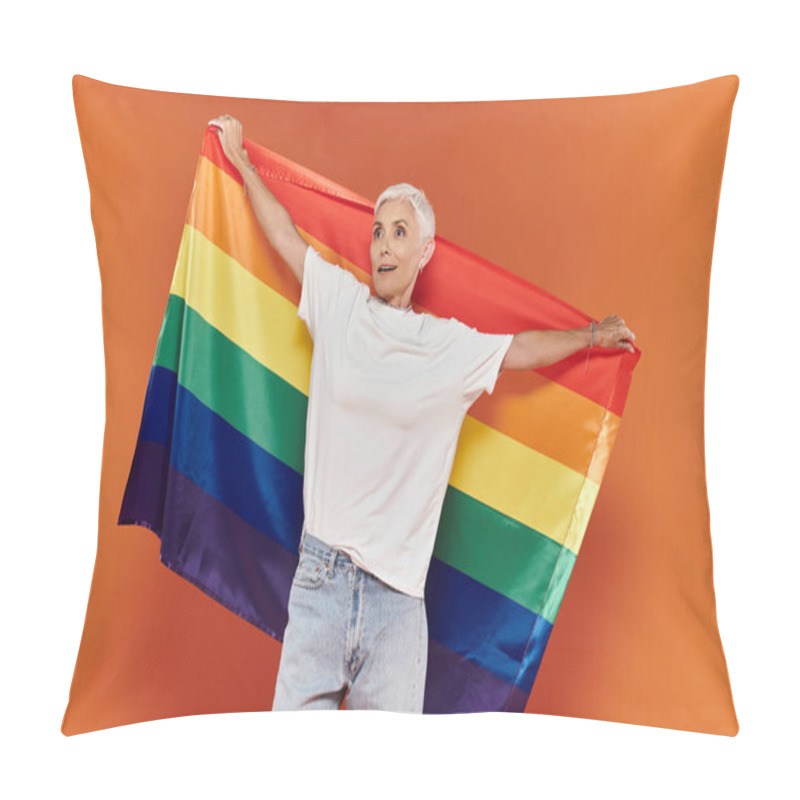 Personality  A Stylish Woman Joyfully Waves A Rainbow Flag, Embracing Her Identity. Pillow Covers