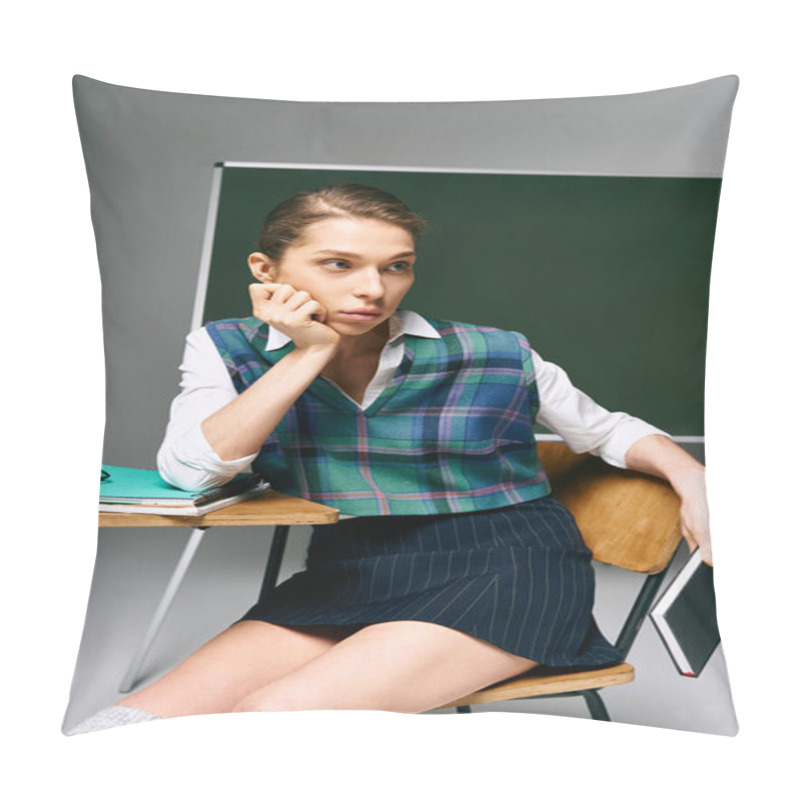 Personality  Woman In Uniform Sits At Desk In Front Of Green Board. Pillow Covers