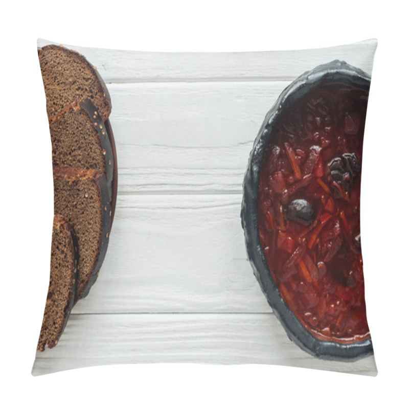 Personality  Bowl Of Delicious Traditional Beetroot Soup With Rye Bread On White Wooden Background Pillow Covers