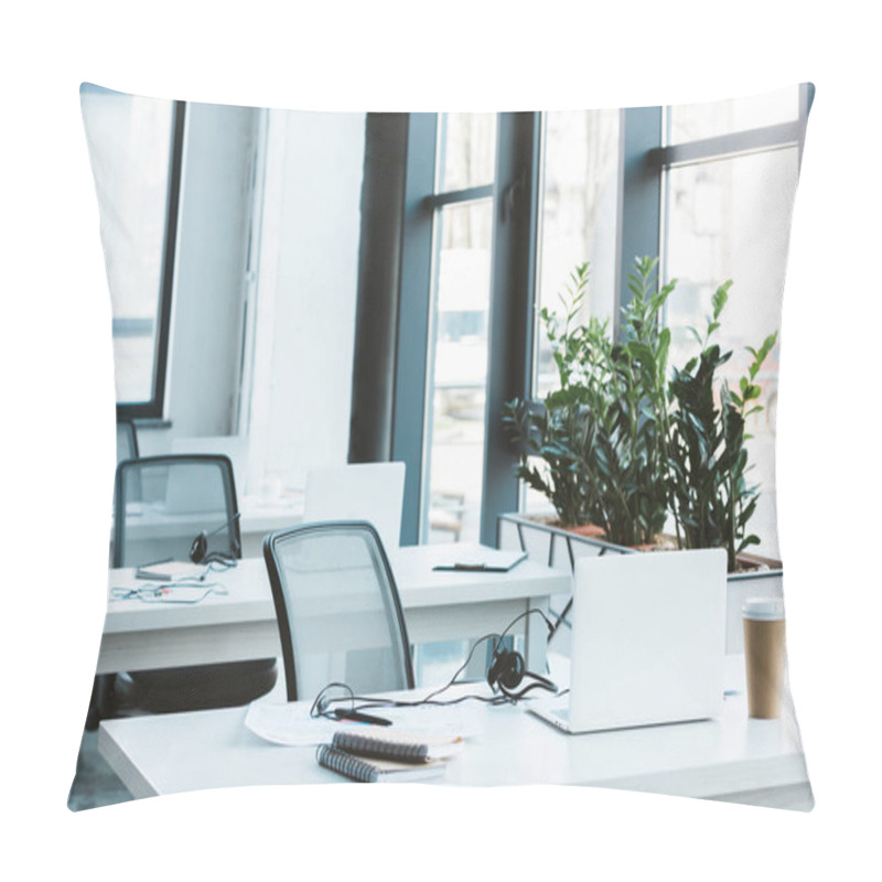 Personality  Headsets And Laptops On Tables In Modern Office  Pillow Covers