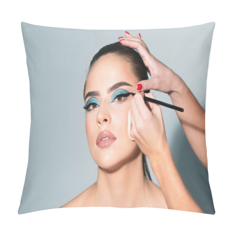 Personality  Beautiful Woman Face With Perfect Makeup. Makeup Artist Applies Eye Shadow. Hand Of Visagiste, Painting Cosmetics Of Young Beauty Model Girl. Beauty Girl With Perfect Skin Pillow Covers