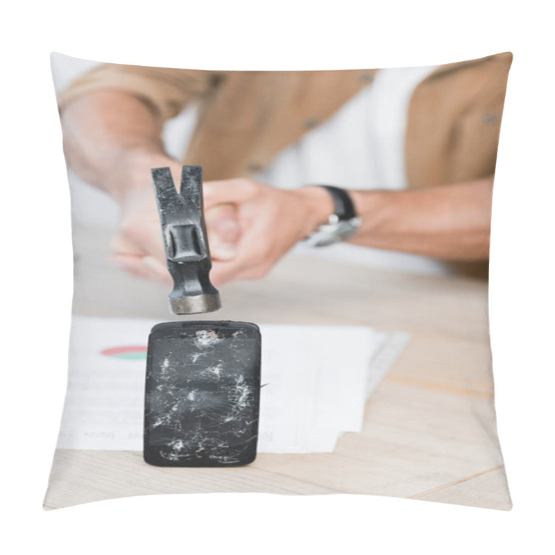 Personality  Cropped View Of Businessman Holding Hammer Near Smashed Smartphone On Table On Blurred Background Pillow Covers