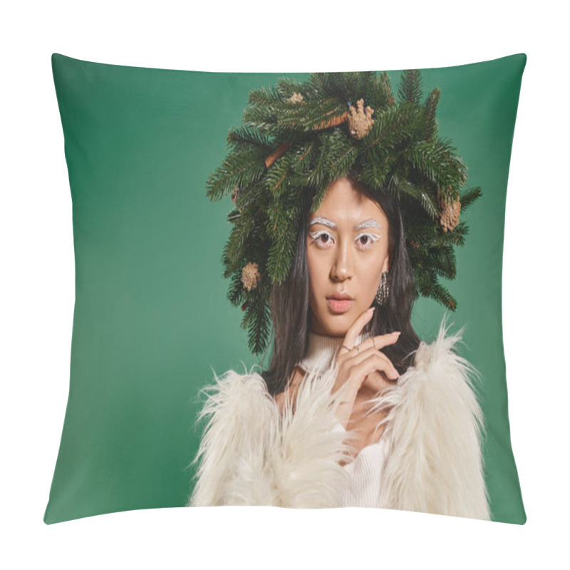 Personality  Attractive Woman In Faux Fur Jacket And Natural Wreath On Head Looking At Camera On Green Backdrop Pillow Covers