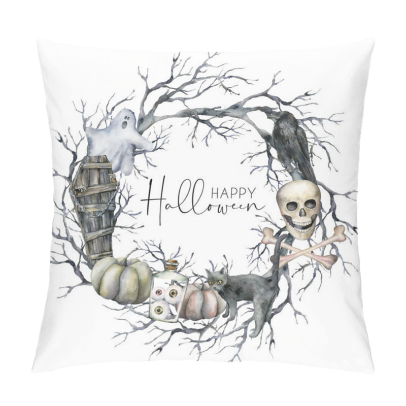 Personality  Watercolor Halloween Wreath With Crow, Ghost And Pumpkin. Hand Painted Holiday Template Card With Branch, Cat And Coffin Isolated On White Background. Illustration For Design, Print Or Background. Pillow Covers