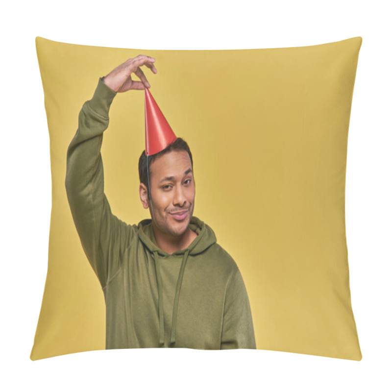 Personality  Smiley Indian Man In Street Outfit With Cunning Look Touching His Birthday Hat On Yellow Backdrop Pillow Covers