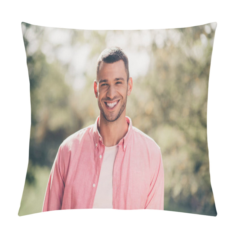 Personality  Photo Of Handsome Attractive Young Guy Dressed Pink Casual Shirt Smiling Enjoying Warm Weather Outdoors Backyard. Pillow Covers