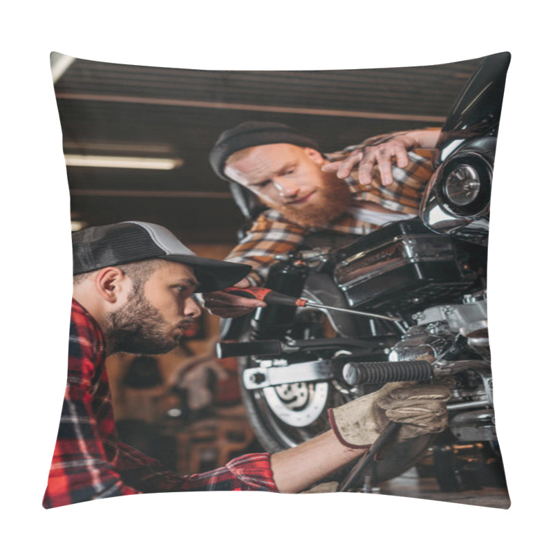 Personality  Handsome Young Mechanics Repairing Motorcycle Together At Garage Pillow Covers