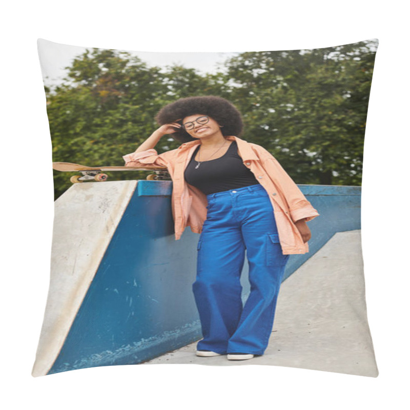 Personality  A Young African American Woman With Curly Hair Skillfully Skateboarding Next To A Ramp In An Outdoor Skate Park. Pillow Covers