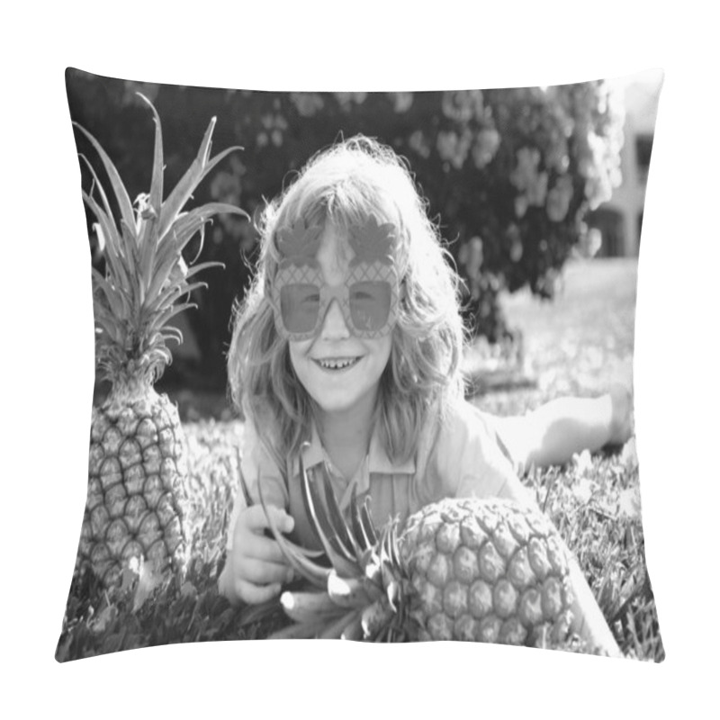 Personality  Child Wearing Funny Sunglasses With Pineapple. Kid With Tropical Fruit. Exotic Vacation. Fruit For Children. Summer Kids Holiday Pillow Covers