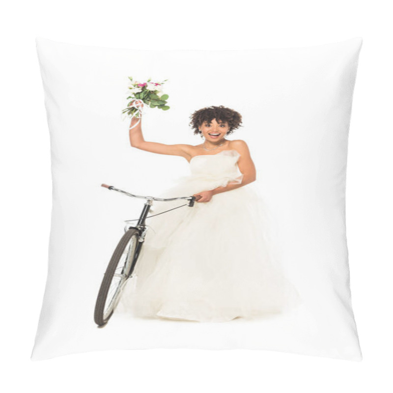 Personality  Cheerful African American Bride In Wedding Dress Holding Flowers And Bicycle Isolated On White  Pillow Covers