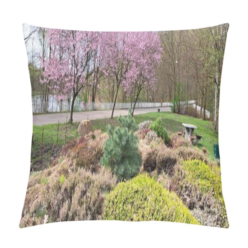 Personality  Flowerbed With Blooming Trees In The Spring Background Pillow Covers