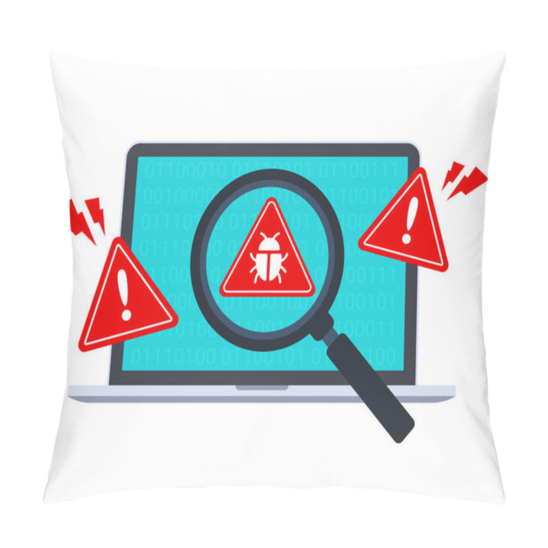 Personality  Computer Bug Detection Icon. System Error Warning On A Laptop. Emergency Alert. Scanning For Malware, Virus, Scam, Or Bug With A Magnifying Glass. Antivirus Concept. Illustration With The Flat Style. Pillow Covers