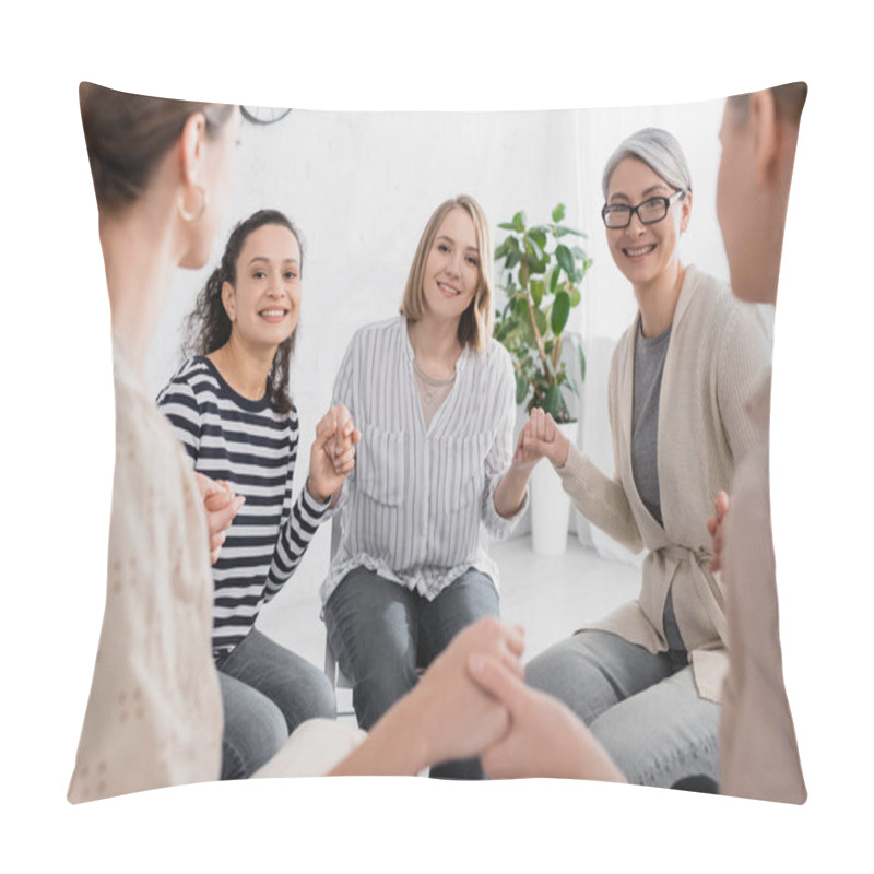 Personality  Happy Multicultural Women Holding Hands During Seminar  Pillow Covers