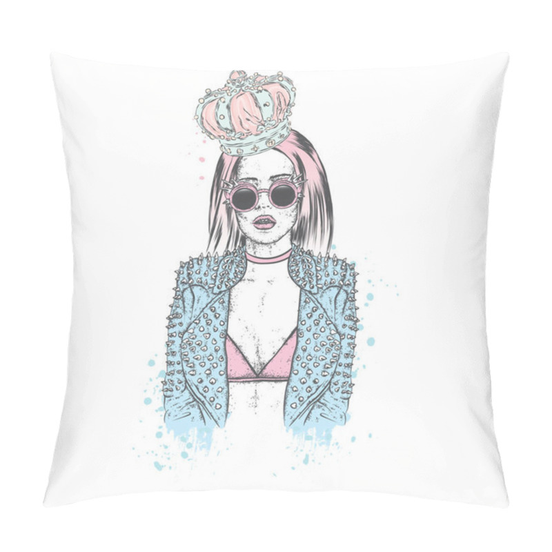 Personality  A Beautiful Girl In A Stylish Jacket, Crown And Glasses With Spikes. Vector Illustration. Fashion & Style. Rock. Pillow Covers