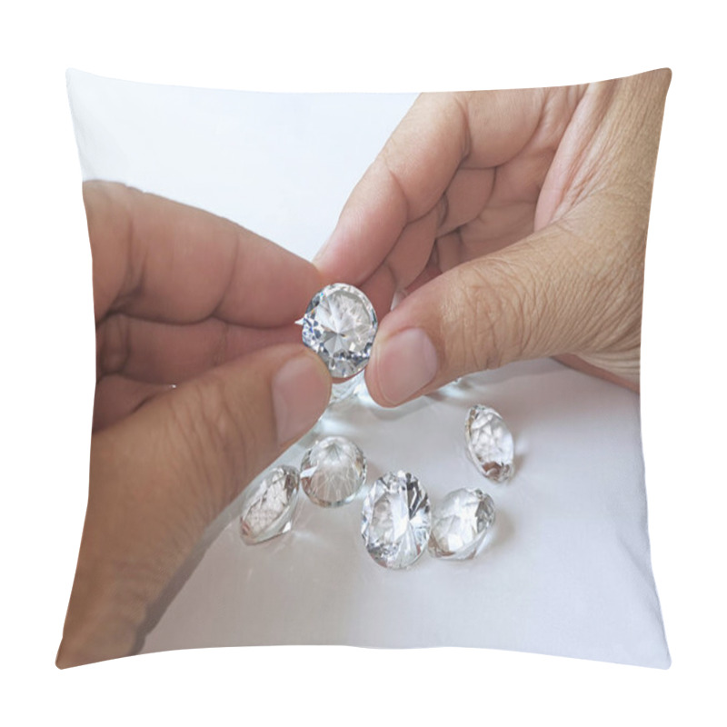 Personality  Close-up Of The Hand Of Jeweller Gemologist With Round Cut Diamonds Pillow Covers