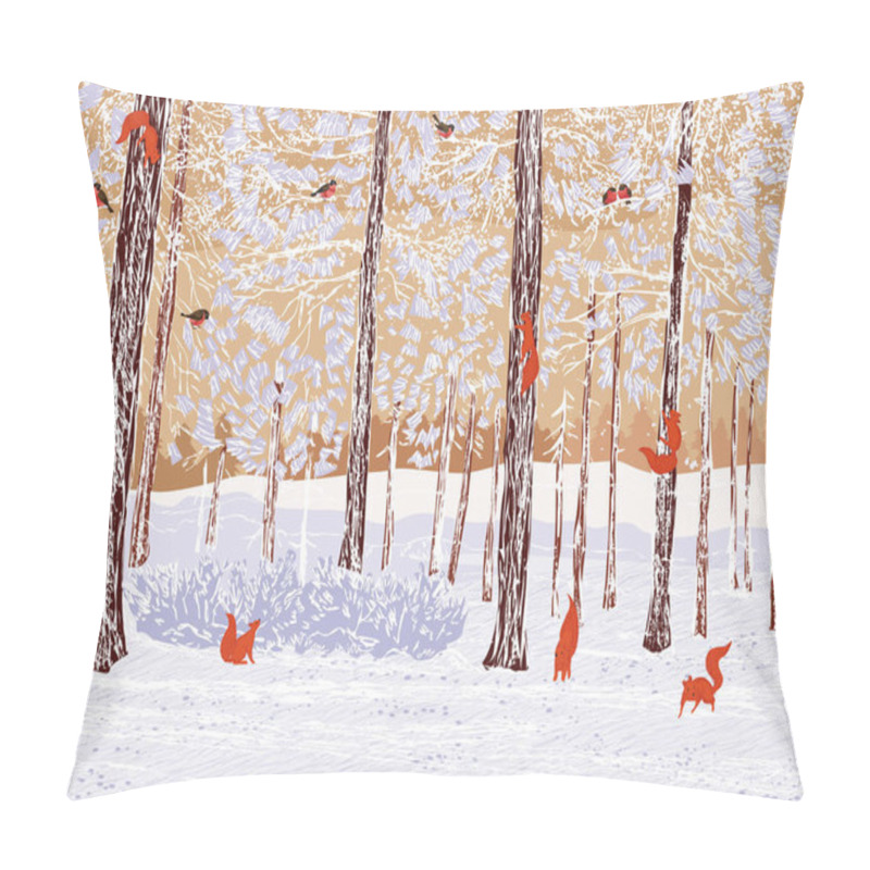 Personality  Vector Illustration Of A Winter Pine Forest With Climbing Squirrels And Bullfinches Pillow Covers