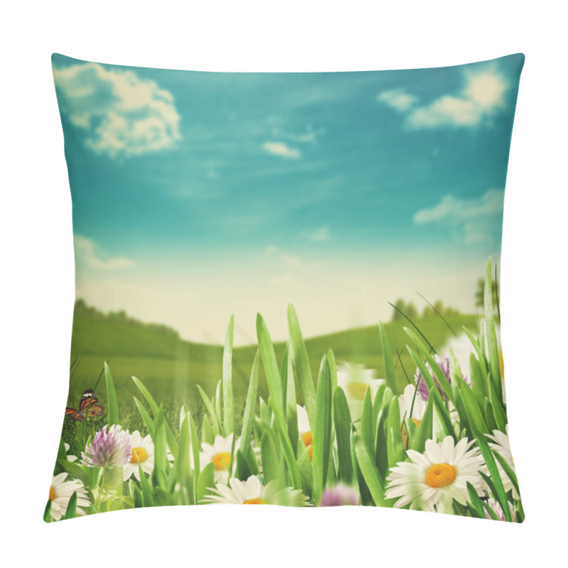 Personality  Beautiful Meadow With Flowers And Green Grass Pillow Covers