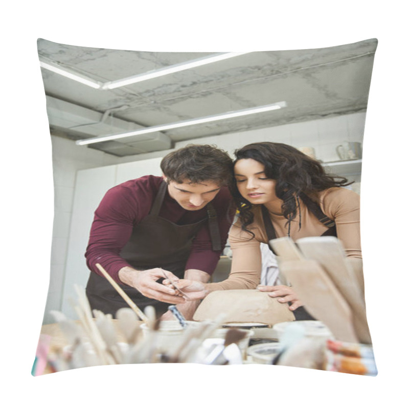 Personality  A Couple Collaborates Lovingly To Shape Pottery In A Modern Workspace. Pillow Covers