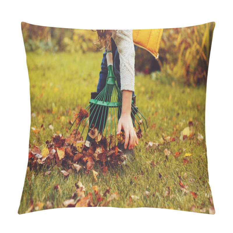 Personality  Happy Child Girl Playing Little Gardener In Autumn And Picking Leaves Into Basket. Seasonal Garden Work. Backyard Cleaning. Pillow Covers