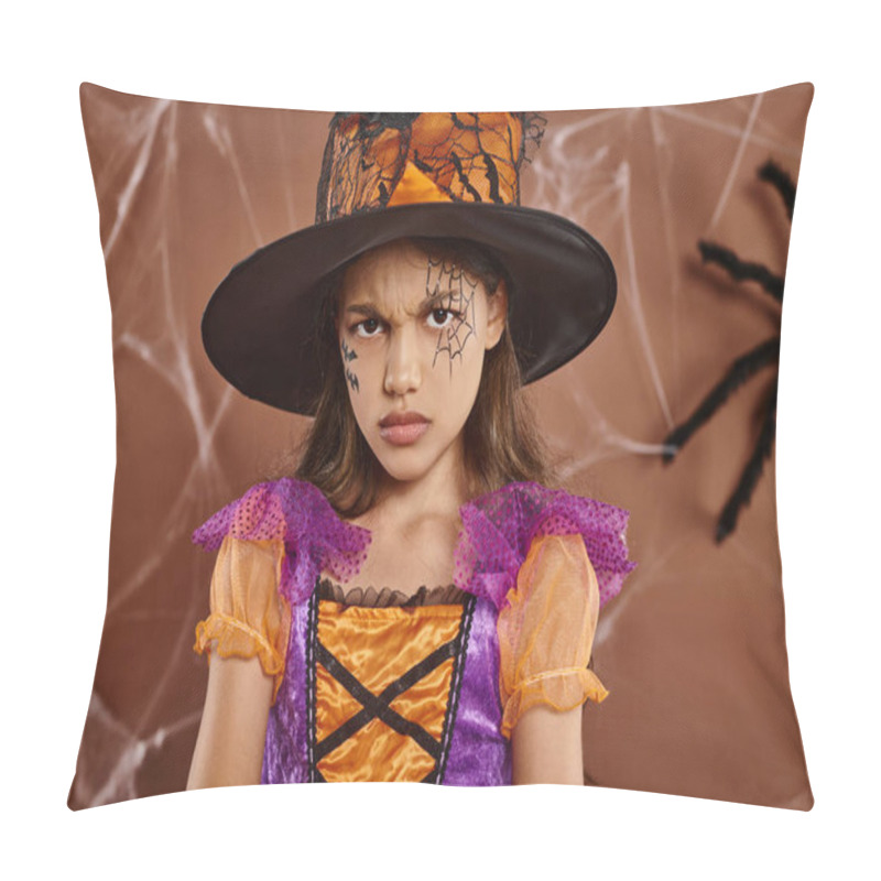 Personality  Displeased Girl In Witch Hat And Halloween Costume Frowning On Brown Background, Spooky Season Pillow Covers