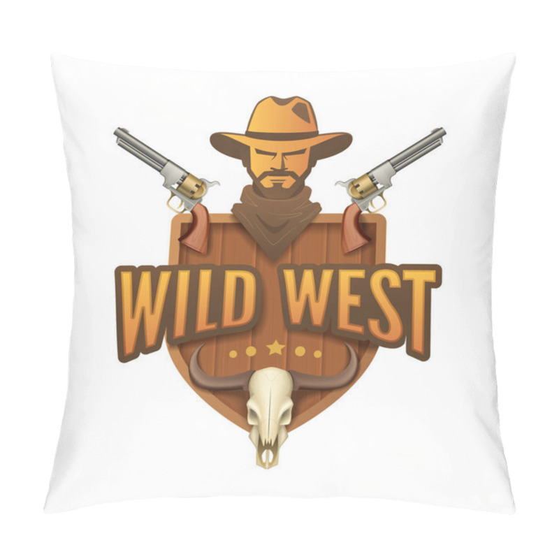 Personality  Wild West Cartoon Emblem With Composition Of Human Head Pistols Stars Animal Skull And Editable Text Vector Illustration Pillow Covers