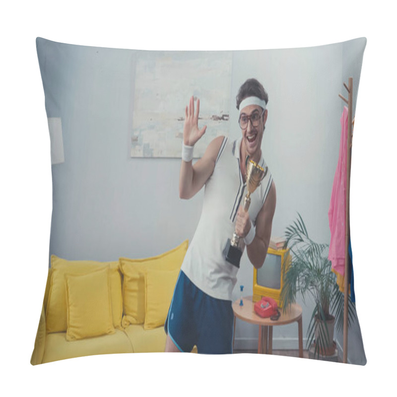 Personality  Happy Sportsman In Eyeglasses Waving Hand And Holding Golden Trophy At Home Pillow Covers