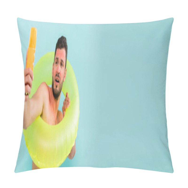 Personality  Man With Sunburn Holding Inflatable Ring And Sunscreen Isolated On Blue, Banner  Pillow Covers