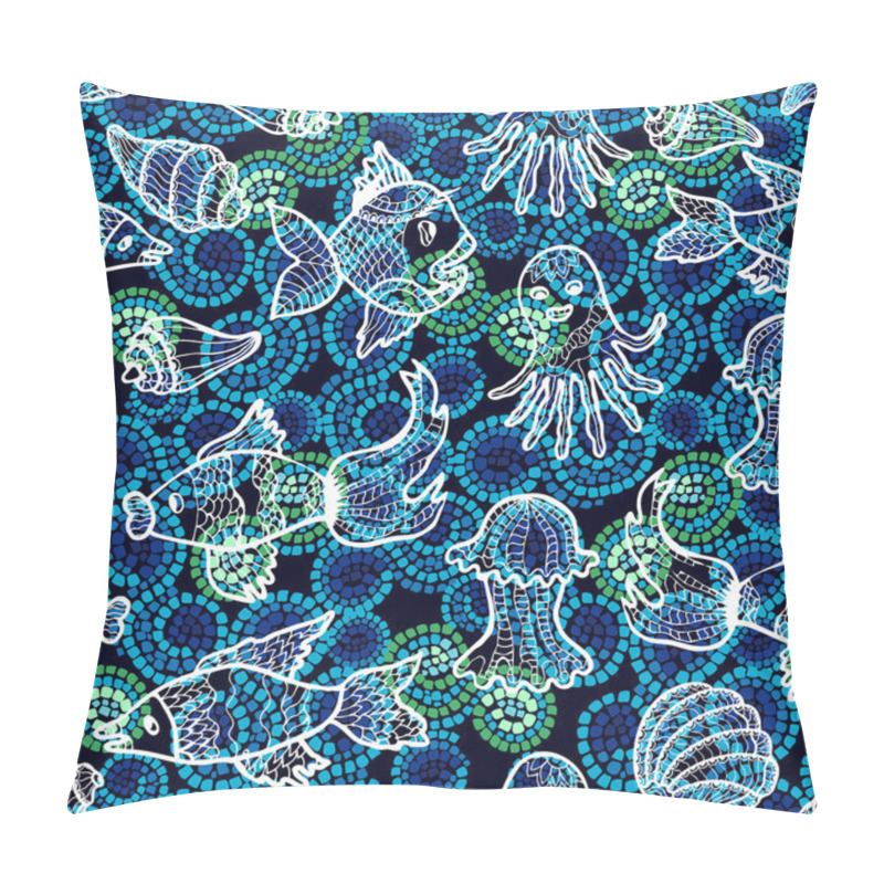 Personality  Sea Life. Seamless Vector Pattern With Hand Drawn Fishes, Octopuses, Jellyfishes Ans Shells On Dark Blue Mosaic Background.  Pillow Covers