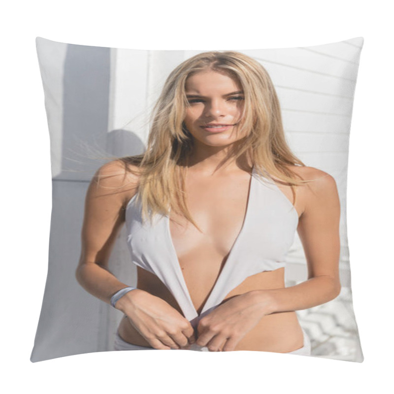 Personality  A Young, Beautiful Blonde Woman Strikes A Pose In A White Swimsuit At Miami Beach, Exuding Grace And Confidence. Pillow Covers