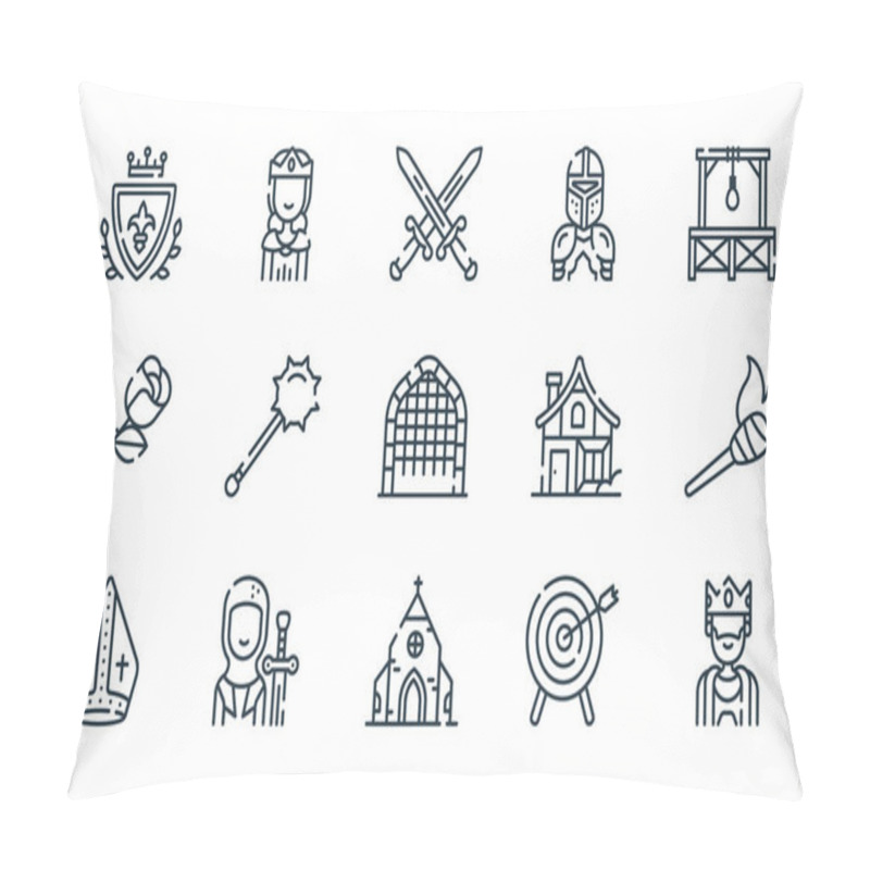 Personality  Medieval Times Line Icons. Linear Set. Quality Vector Line Set Such As King, Church, Bishop, Dartboard, Crusader, Rose, Medieval House, Armor, Queen Pillow Covers