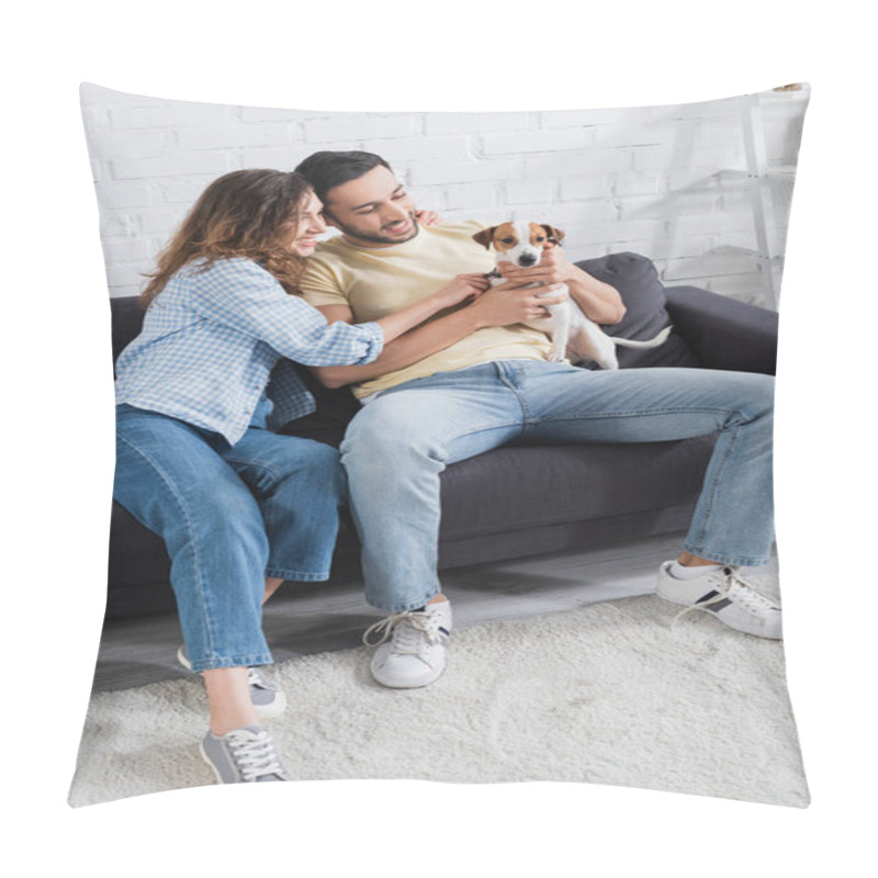 Personality  Cheerful Interracial Couple Petting Jack Russell Terrier In Living Room Pillow Covers