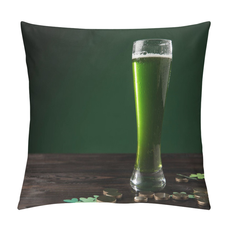 Personality  Glass Of Green Beer With Shamrock And Golden Coins On Table, St Patricks Day Concept Pillow Covers