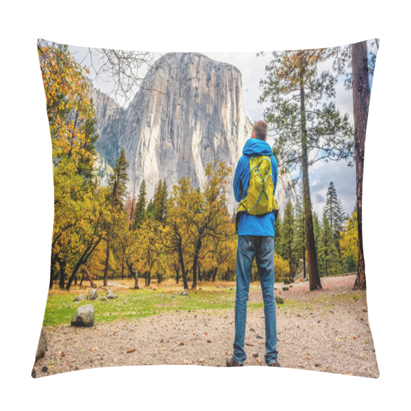 Personality  Tourist Standing In Yosemite National Park Valley Pillow Covers