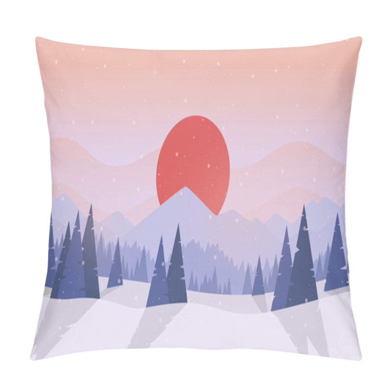 Personality  Winter Forest. Sunset Or Sunrise. Forest With Fir Trees And Pines. Big Red Sun. Japan. Simple Modern Design. Template For Banner Or Poster. Place For Text. Flat Style Vector Illustration. Pillow Covers