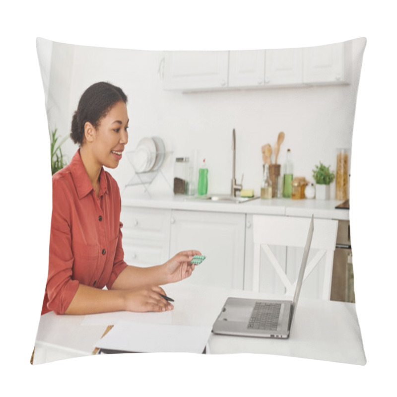 Personality  Female Dietitian Holding Medication During An Online Consultation On Laptop From Her Kitchen Pillow Covers