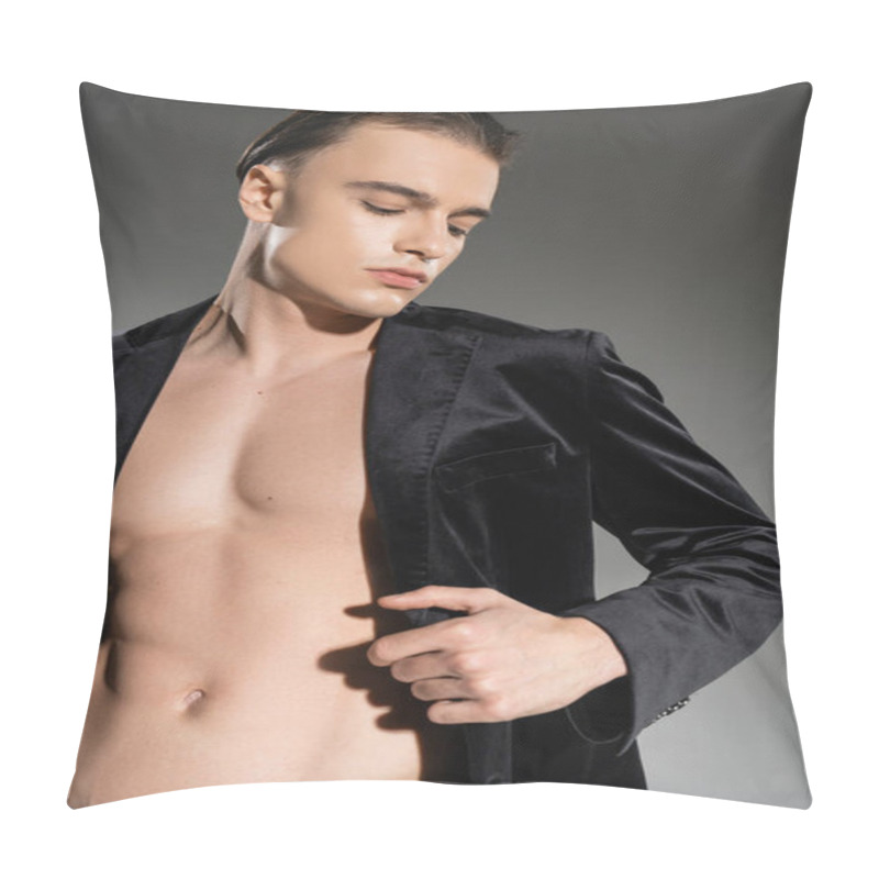 Personality  Glamorous Brunette Man With Brunette Hair, Wearing Fashionable Black And Silk Blazer On Shirtless Muscular Body, Standing And Posing On Grey Background Pillow Covers