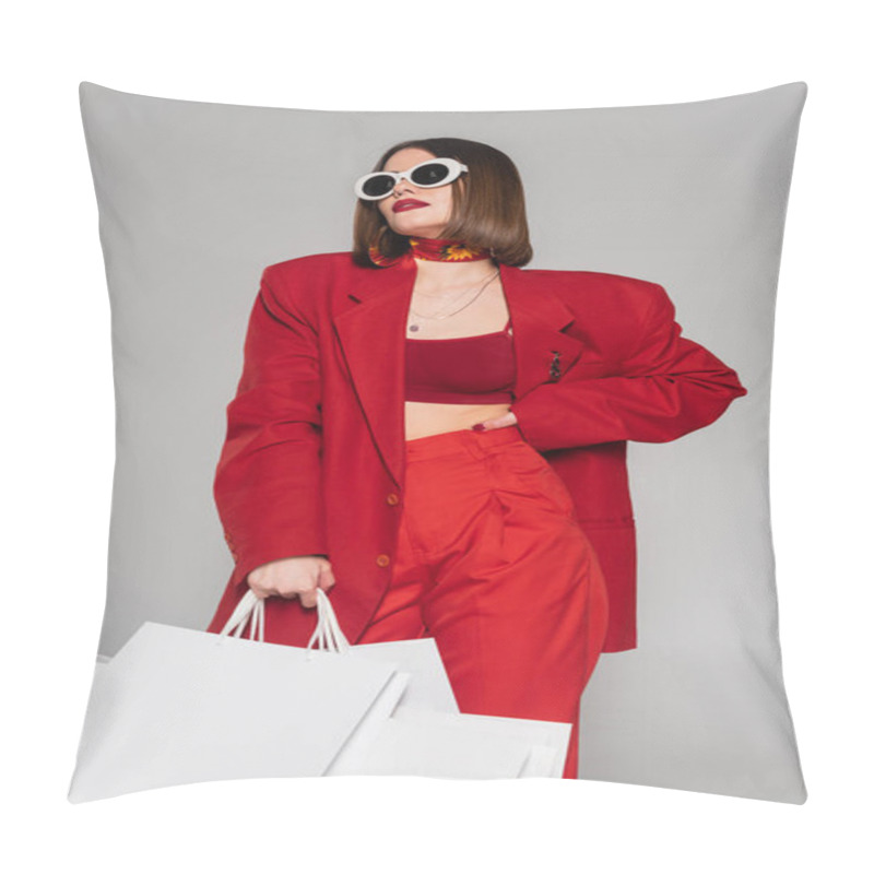 Personality  Fashionable, Generation Z, Young Woman With Brunette Short Hair And Nose Piercing Posing In Sunglasses And Holding Shopping Bags On Grey Background, Lady In Red, Consumerism  Pillow Covers